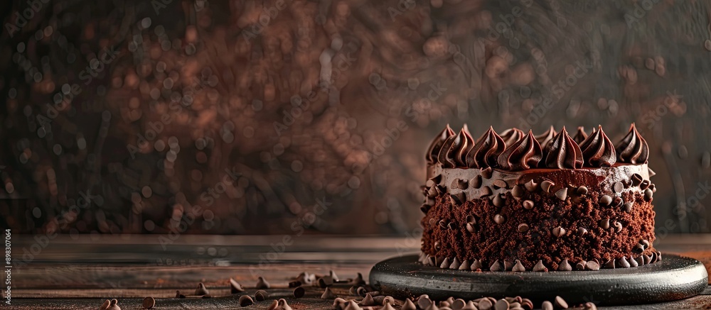 Poster chocolate cake set against a dark backdrop with copy space image available