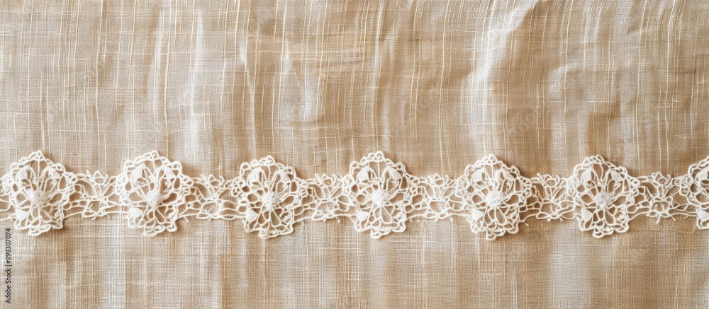 Aufkleber bright fabric background with a border frame of lace ribbon on natural linen featuring a copy space 