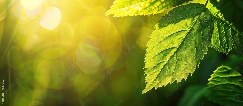 Poster a close up shot of a green leaf illuminated by sunlight provides a nature themed background with cop