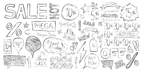 Vector set of hand drawn doodle, sketch or textures. Black Friday sale symbol or special hot offers. Vector illustration