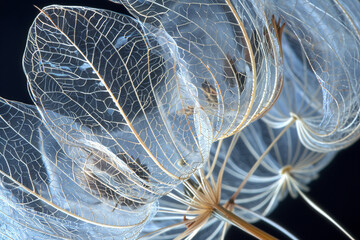 Close up of flower seed head with light delicate veins on black background.