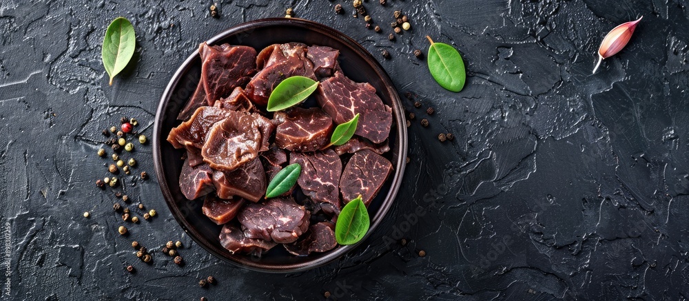 Poster beef liver slices in a bowl on black surface with copy space image