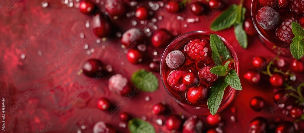 Poster top view of a chilled cocktail garnished with cranberries raspberries and mint in red stemware perfe