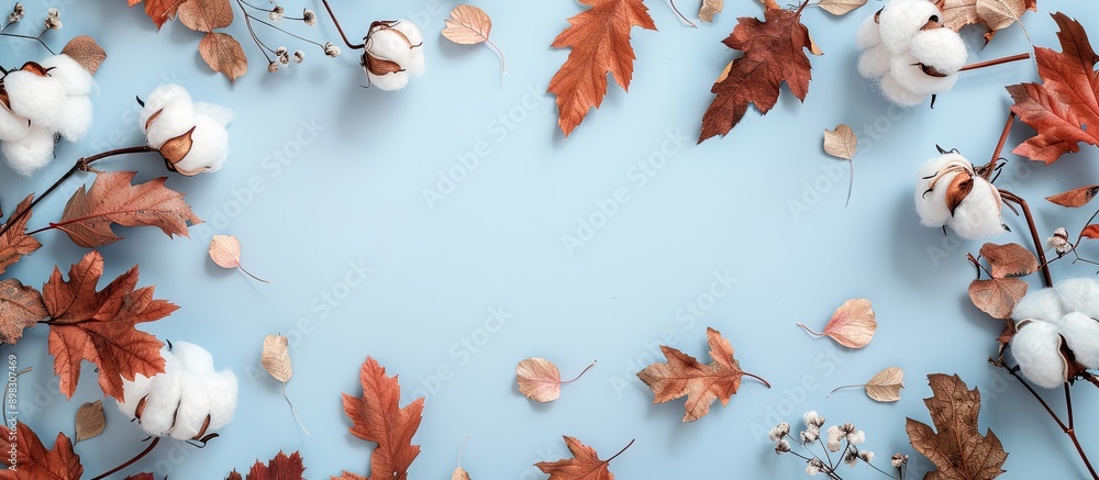 Poster Autumn themed flat lay showcasing a frame of cotton flowers and dried leaves on a light blue background conveying the essence of the fall season with a top view and copy space image