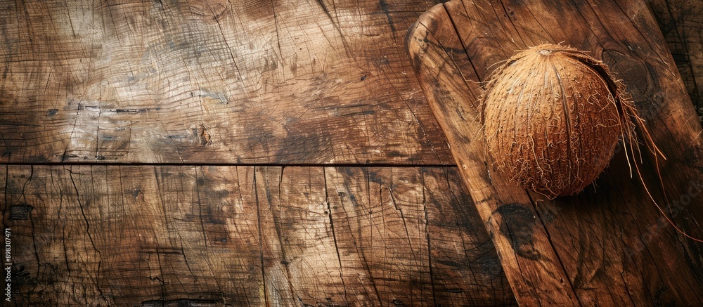 Poster close up of a whole coconut on a wooden board with ample copy space image