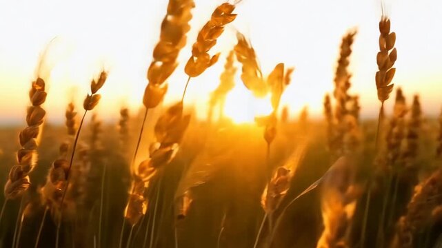 Close-up wheat spikelets on field on beautiful nature sunset landscape on sun rays. Grown rich harvest. Healthy food.