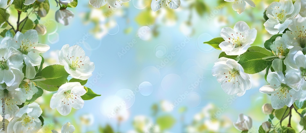 Aufkleber beautiful apple tree branches adorned with white flowers and green leaves in full bloom creating a s