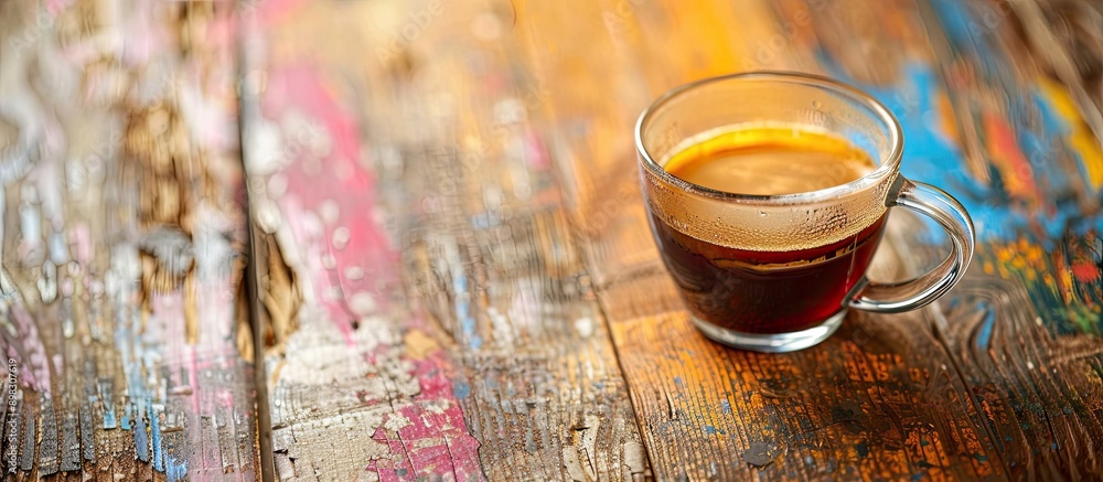 Aufkleber close up image of coffee in a glass cup on a vibrant wooden surface with space for text or graphics.