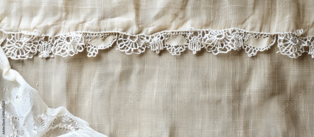 Aufkleber bright fabric background with a border frame of lace ribbon on natural linen featuring a copy space 