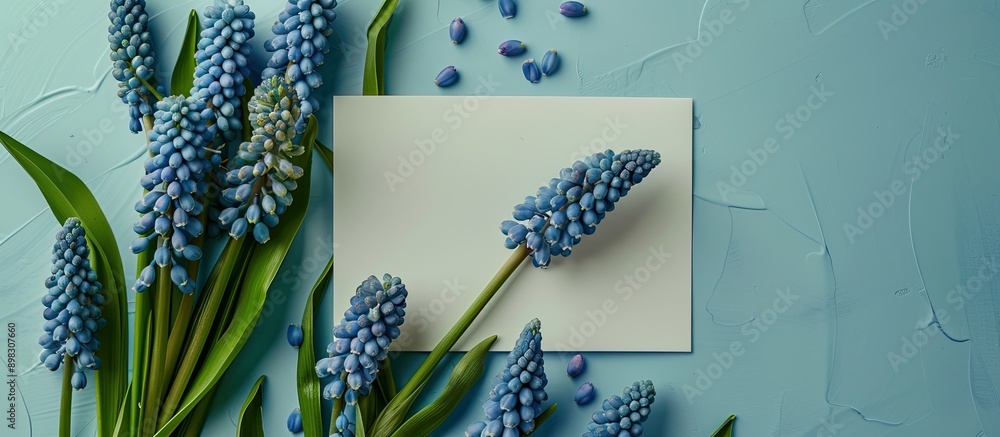 Poster top down view of a mockup displaying a spring themed greeting card with blue muscari flowers perfect