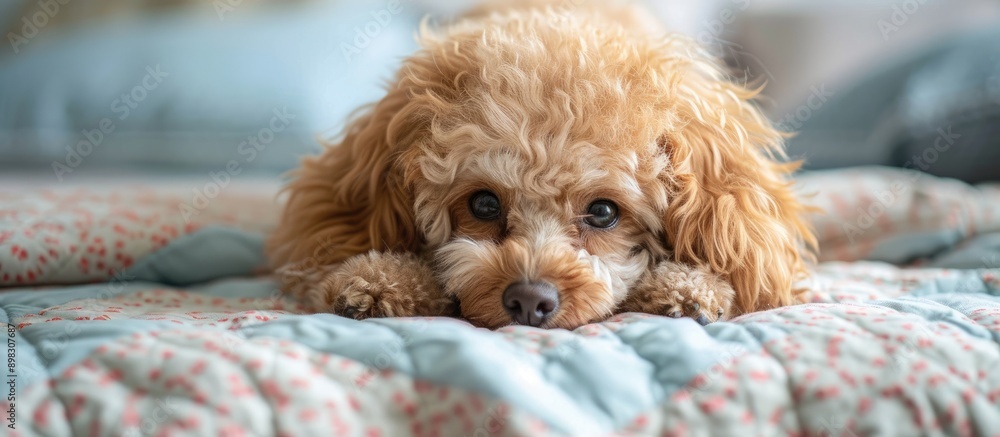 Poster an adorable poodle puppy rests on a bedspread with a copy space image available
