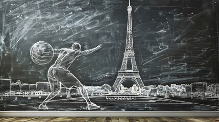Chalkboard Shot Put: Chalk drawing style illustration of a shot put athlete with the Eiffel Tower in the background on a blackboard background.



