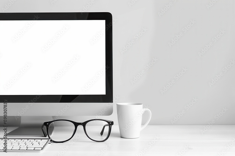Poster A minimalist workspace featuring a computer monitor, a keyboard, eyeglasses, and a coffee mug on a white desk. Generative AI