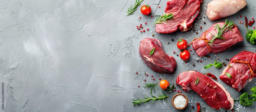 Poster Composition of fresh raw meat arranged in a flat lay style on a gray background with copy space image available