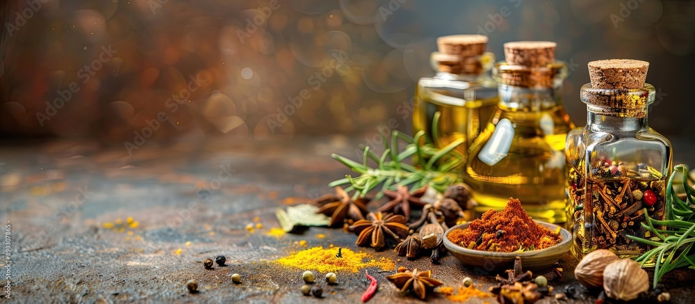 Poster aromatic spices and oils displayed on the kitchen table with copy space image