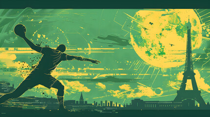 Fantasy Shot Put: A fantasy-themed illustration of a shot put athlete with the Eiffel Tower in the background on a green background.


