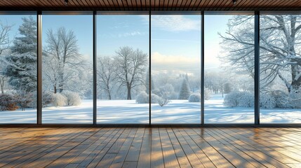 Empty Room With Large Windows Overlooking Snowy Landscape