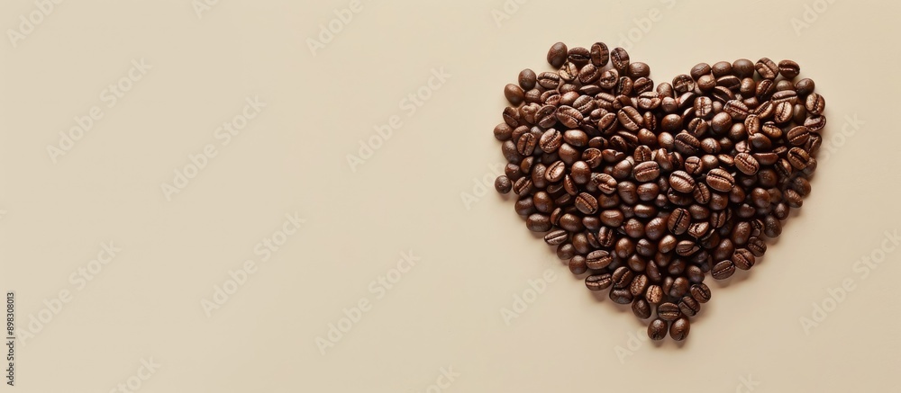 Poster coffee beans arranged in a heart shape displayed on a plain background providing ample copy space im