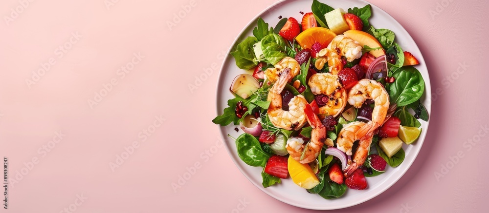 Poster delicious salad with mixed seafood fruit and balsamic dressing served on a plate with a light pink b