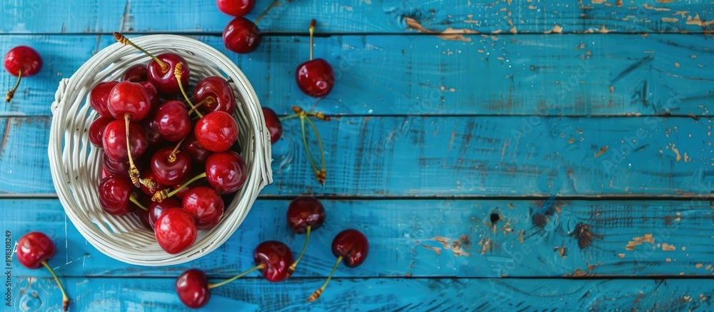 Aufkleber cherries placed in a white basket against a blue wooden backdrop in a close up top view with ample c