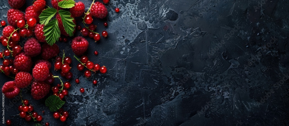 Poster Black background with currant and raspberries providing copy space image