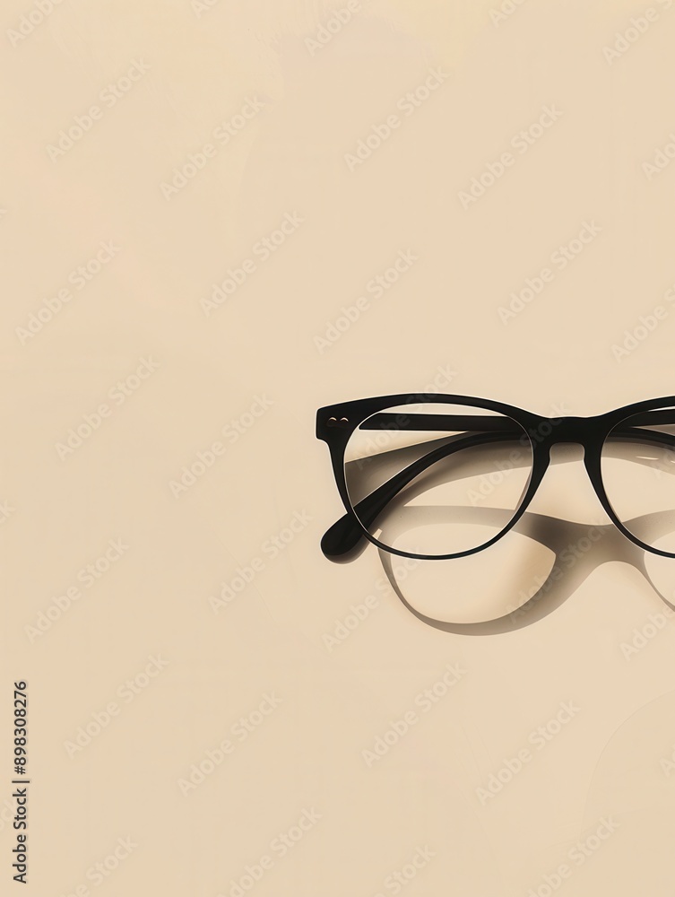 Poster black eyeglasses with clear lenses sit on a light beige surface, casting a shadow. sunlight illumina