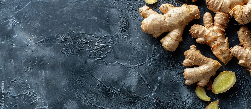 Poster Top down view of ginger on a cutting board surface with ample copy space image available
