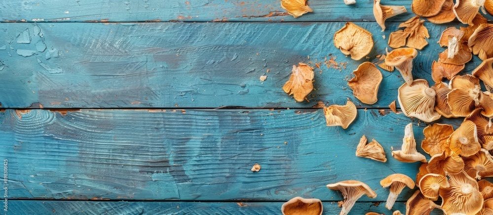 Poster autumn themed top view of dried mushrooms on a blue wooden table with ample copy space image