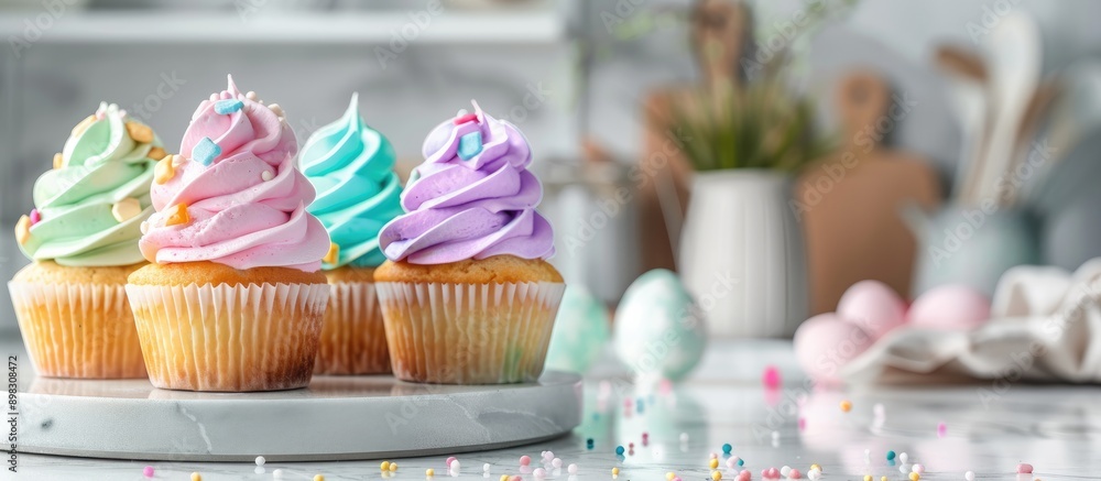Poster colorful easter cupcakes with pastel rainbow frosting beautifully displayed on a white kitchen count
