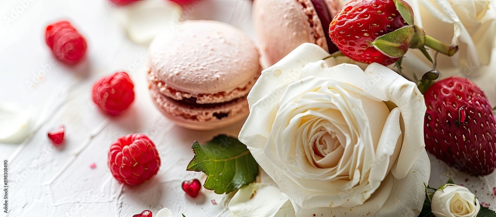 Aufkleber close up image featuring a st valentine s day theme with a lovely white rose and fruit macaroons on 