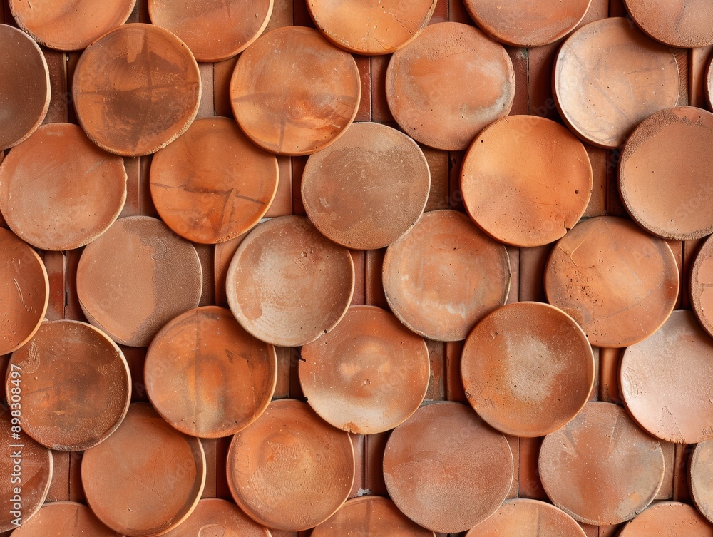 Poster Symmetrical Arrangement of Terracotta Plates Creating Geometric Pattern with Warm Tones - Aerial View at Soft Light