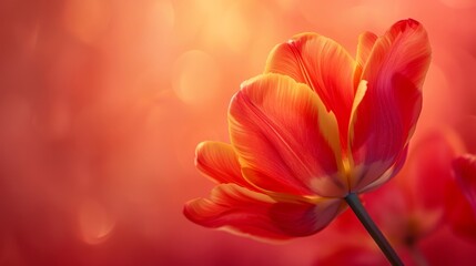 Obraz premium A red and yellow flower, focusing tightly on its petals, against a red and yellow backdrop Softly blurred, the surrounding light glows behind