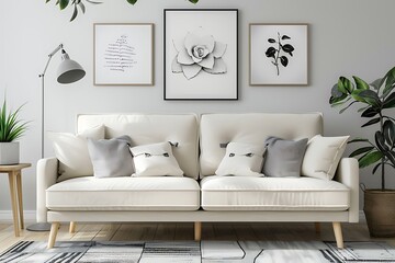 Elegant cream Scandinavian sofa with a stylish white frame for mockup.