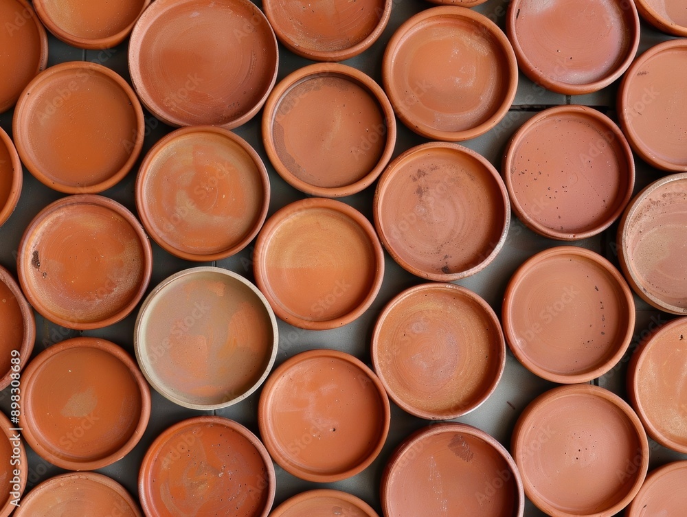 Poster Aerial View of Symmetrical Terracotta Plates Pattern - Warm, Geometric Texture with Soft Diffused Lighting
