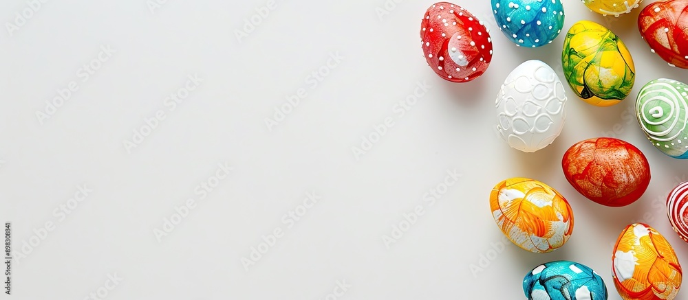 Poster Colorful handmade Easter eggs displayed on a white background with a border frame corner providing copy space perfect for a festive Easter card image