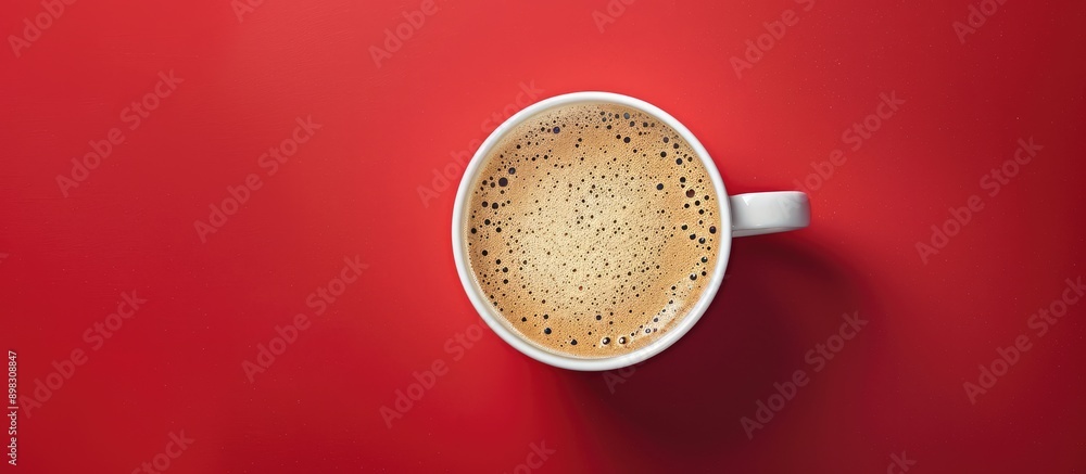 Poster Flat lay of coffee cup with frothy foam on red backdrop featuring copy space image