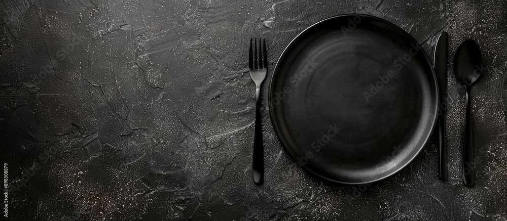 Poster top view of a black plate and cutlery on a stone table set up with empty space for text or other ele