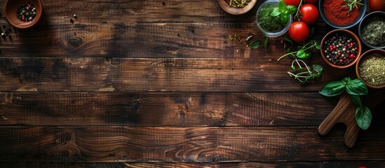 Top down view of cooking ingredients on a rustic wooden surface ideal for displaying menus recipes or culinary class promotions with ample copy space image