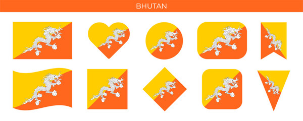 Bhutan national flag. Bhutan flag in different shapes. Vector illustration isolated on white background