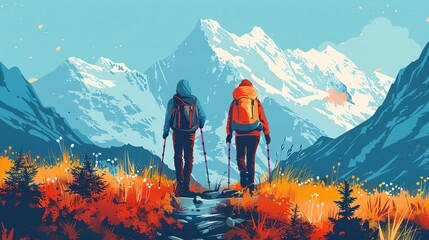 Mountain hiking, adventurers on a trail, flat design illustration