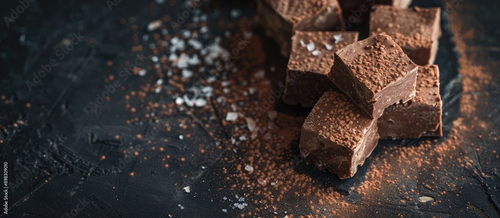 Aufkleber Chocolate halva displayed appetizingly on a black surface in a top down perspective with room for text in the image. Creative banner. Copyspace image