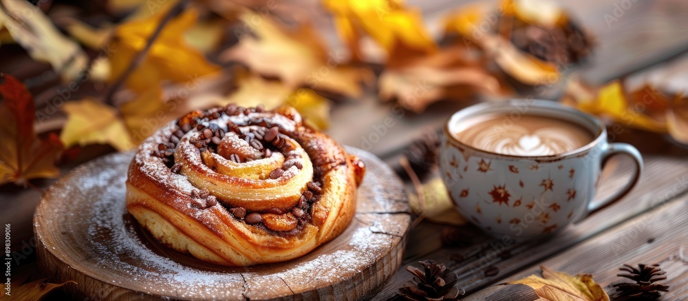 Aufkleber autumn themed coffee roll with leaves in the background for a copy space image