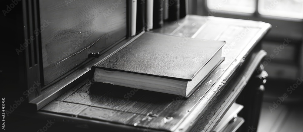 Poster author s tools a black and white hardcover book placed on a vintage desk capturing a nostalgic and l