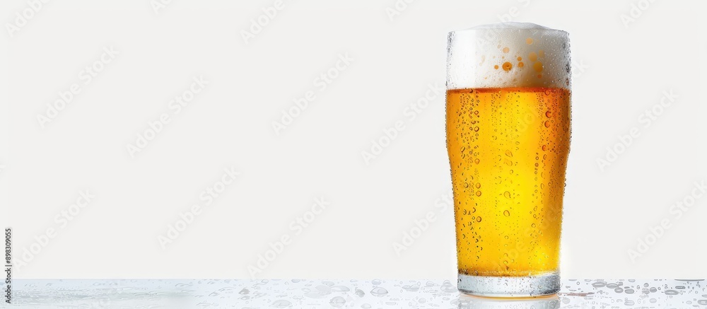 Poster close up of a frosty craft beer pint in a glass isolated against a white background with water dropl