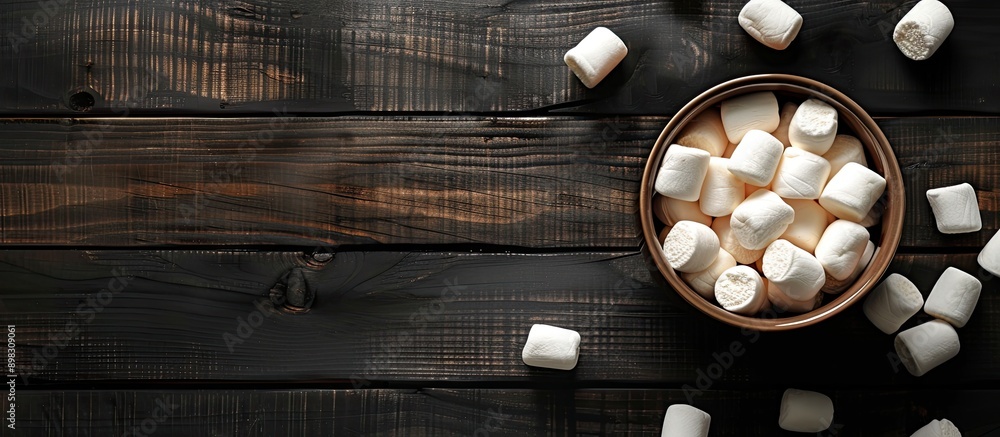 Poster black wooden background with marshmallows providing copy space image