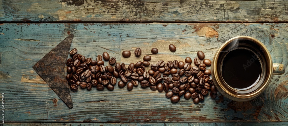 Aufkleber Coffee beans arranged in the shape of an arrow pointing towards a cup of drink on a wooden backdrop with copy space image