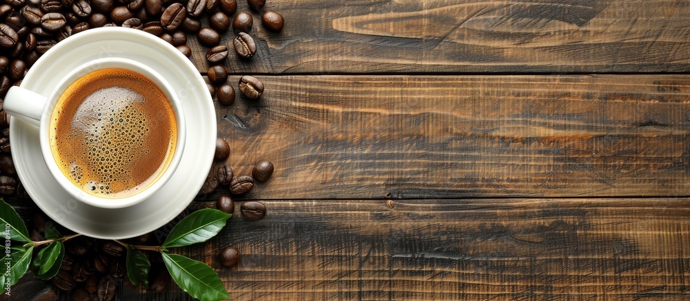 Poster coffee cup and coffee beans on table with copy space image