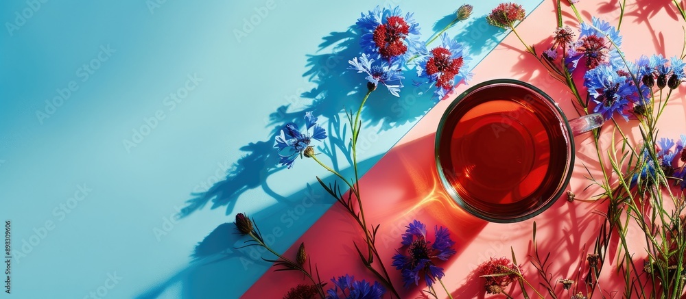 Poster a flat lay arrangement featuring tea and cornflowers on a bright tabletop with room for text in copy