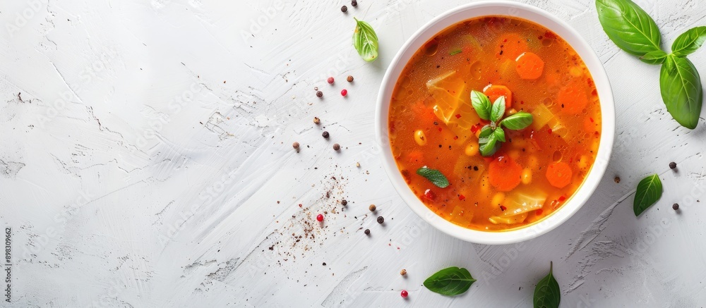 Poster Cabbage soup in a bowl on a white stone surface with copy space image for a top down view showcasing its presentation