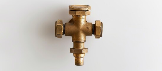 Close up of a combined angle valve on a white background showcasing its brass interior ideal for plumbing concepts with empty space for adding images. Creative banner. Copyspace image